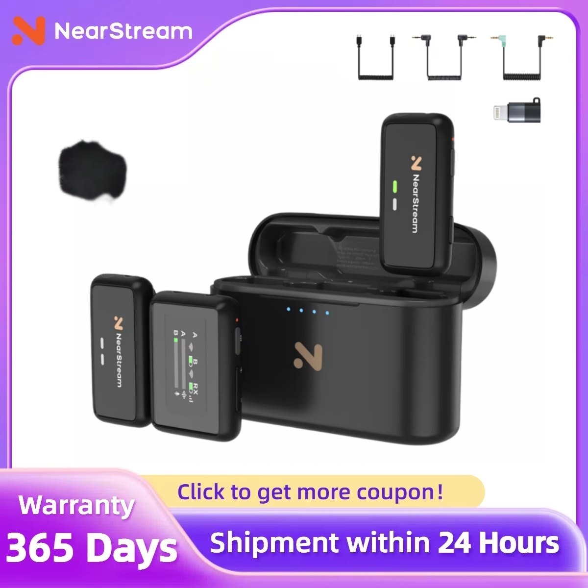 Wireless Podcast Microphone Dual Mic - NearStream 1-2 블루투스 핀 마이크, 2.4GHz